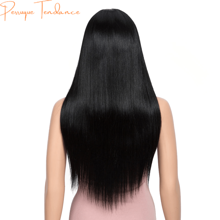 Perruque Longue Noire à Frange - Synthétique Lisse, Neuf Sans étiquettes + 4 Bonnets Offerts